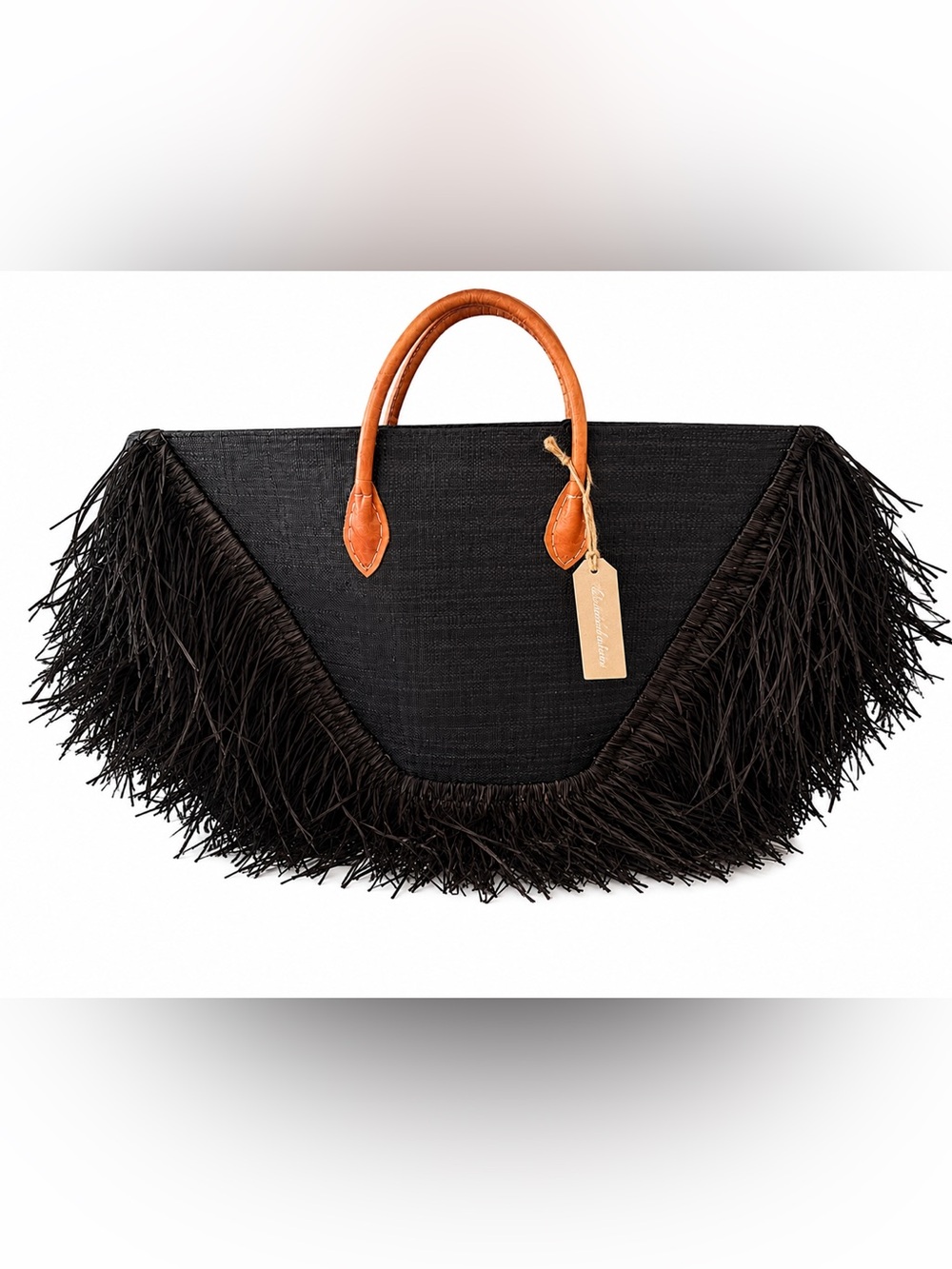 Shebobo Black Fringe Raffia Tote Bag Leather Handles NWT